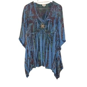 •ONE WORLD•BLUE BOHO BLOUSE WITH DIAMOND RHINESTONE & BEADED PENDANT SIZE 1X